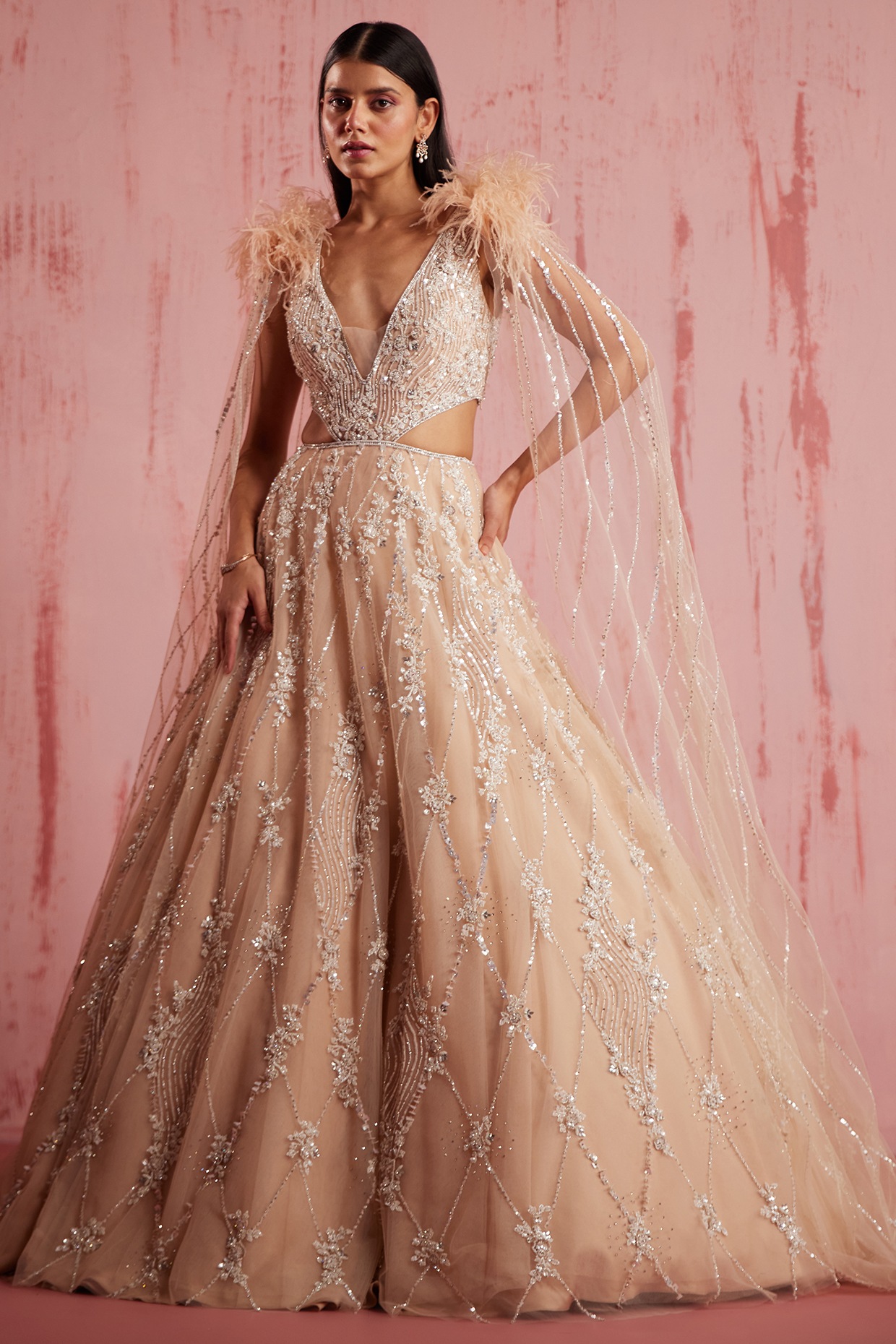Photo of Pretty bride in peach and golden gown for engagement | Golden gown,  Bridal dresses pakistan, Bridal dresses